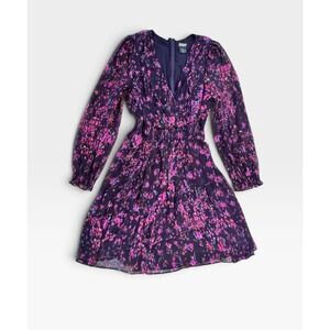 DKNY Plus Size 18W Purple Pink Floral Long Sleeve Tiered Mini Dress
